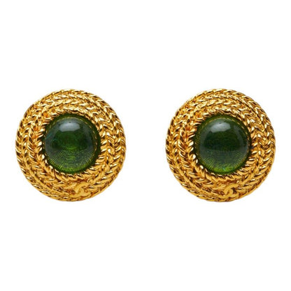 Chanel CC Logo Gripoix Earrings Gold Green Plated — view 2