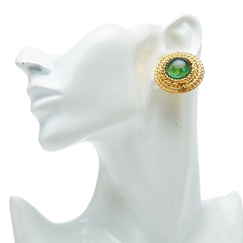 Chanel CC Logo Gripoix Earrings Gold Green Plated — view 5