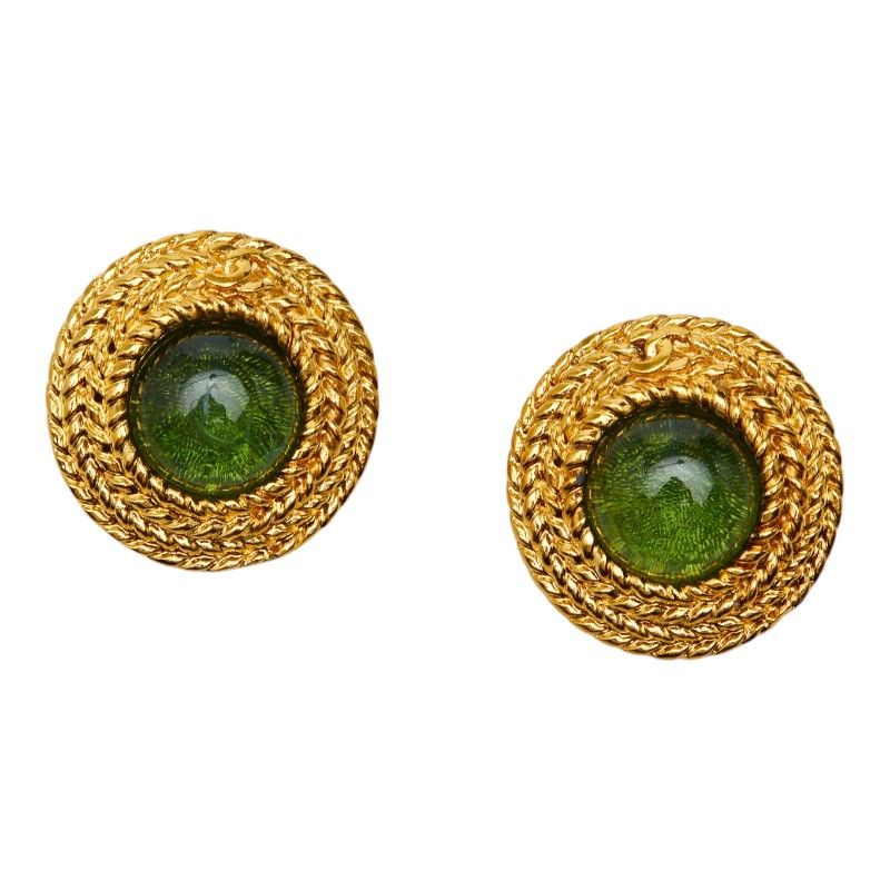 Chanel CC Logo Gripoix Earrings Gold Green Plated