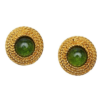 Chanel CC Logo Gripoix Earrings Gold Green Plated