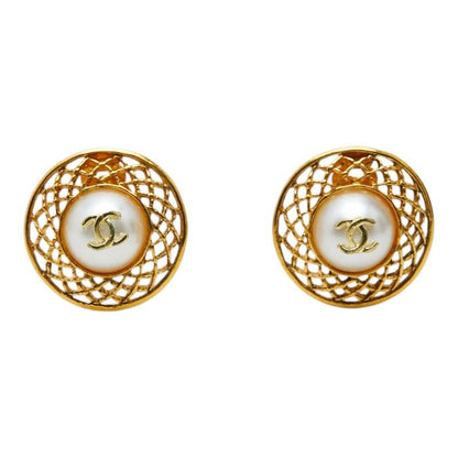 Chanel CC Logo Round Earrings Gold Plated Faux Pearl — view 2