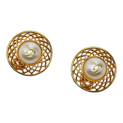 Chanel CC Logo Round Earrings Gold Plated Faux Pearl
