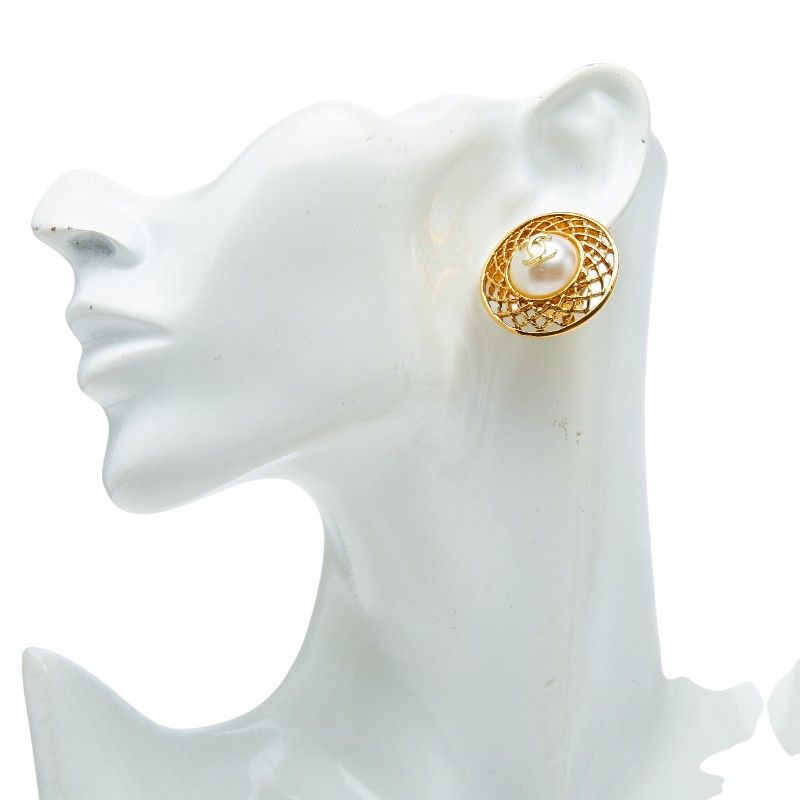 Chanel CC Logo Round Earrings Gold Plated Faux Pearl — view 5