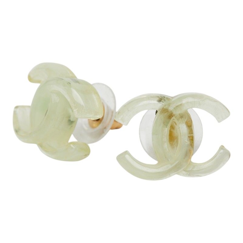 Chanel CC Logo Earrings Clear Green Gold Plastic Plated — view 2