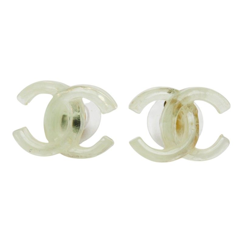 Chanel CC Logo Earrings Clear Green Gold Plastic Plated