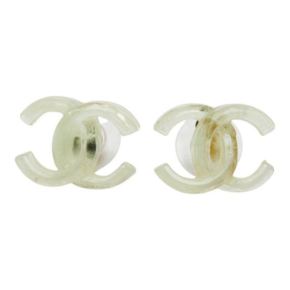 Chanel CC Logo Earrings Clear Green Gold Plastic Plated