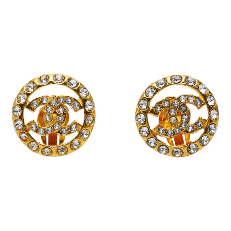Chanel CC Logo Round Earrings Gold Plated Rhinestone — view 2