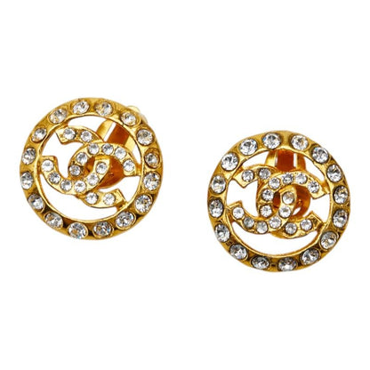 Chanel CC Logo Round Earrings Gold Plated Rhinestone
