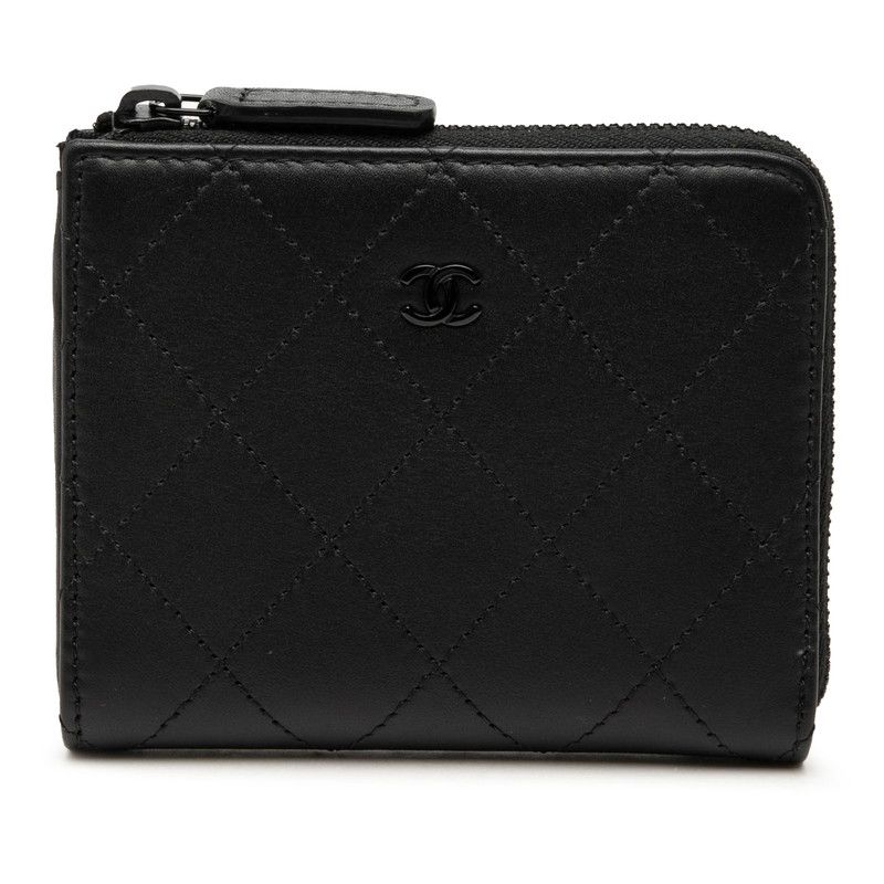 Chanel CC Logo Quilted Coin Case Compact Wallet L-shaped So Black Leather