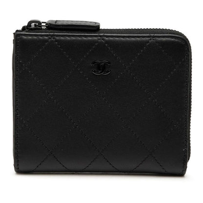 Chanel CC Logo Quilted Coin Case Compact Wallet L-shaped So Black Leather