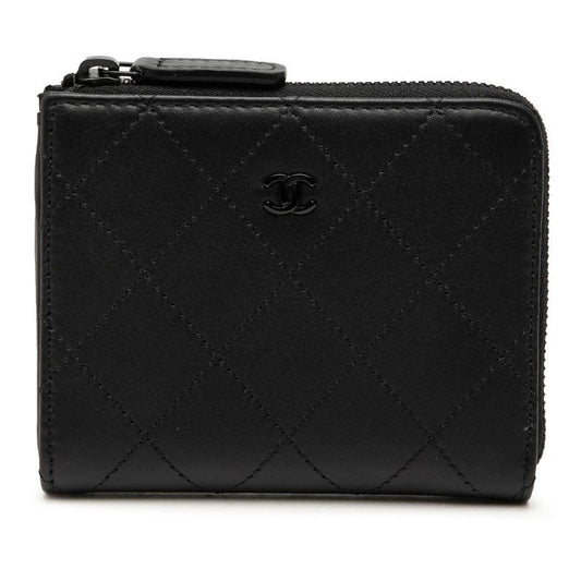Chanel CC Logo Quilted Coin Case Compact Wallet L-shaped So Black Leather