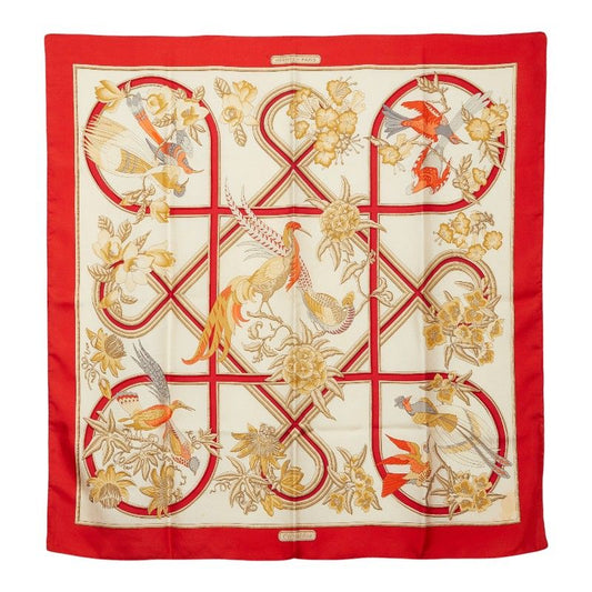 Hermes Carre 90 Caraibes Caribbean Bird Scarf Large Red Ivory Silk