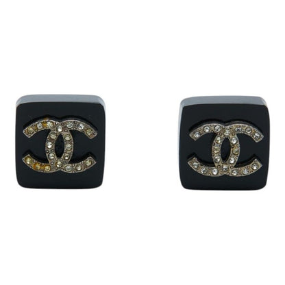 Chanel Vintage CC Logo Square Earrings Black Plastic Plated Rhinestone — view 2