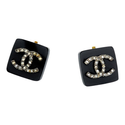 Chanel Vintage CC Logo Square Earrings Black Plastic Plated Rhinestone