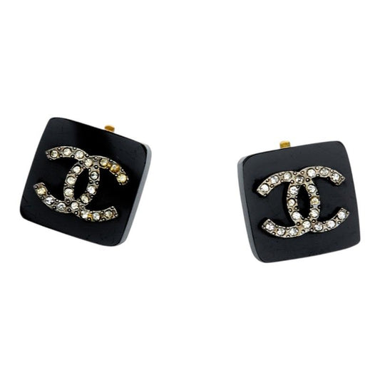 Chanel Vintage CC Logo Square Earrings Black Plastic Plated Rhinestone