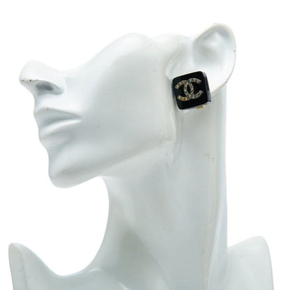 Chanel Vintage CC Logo Square Earrings Black Plastic Plated Rhinestone — view 5