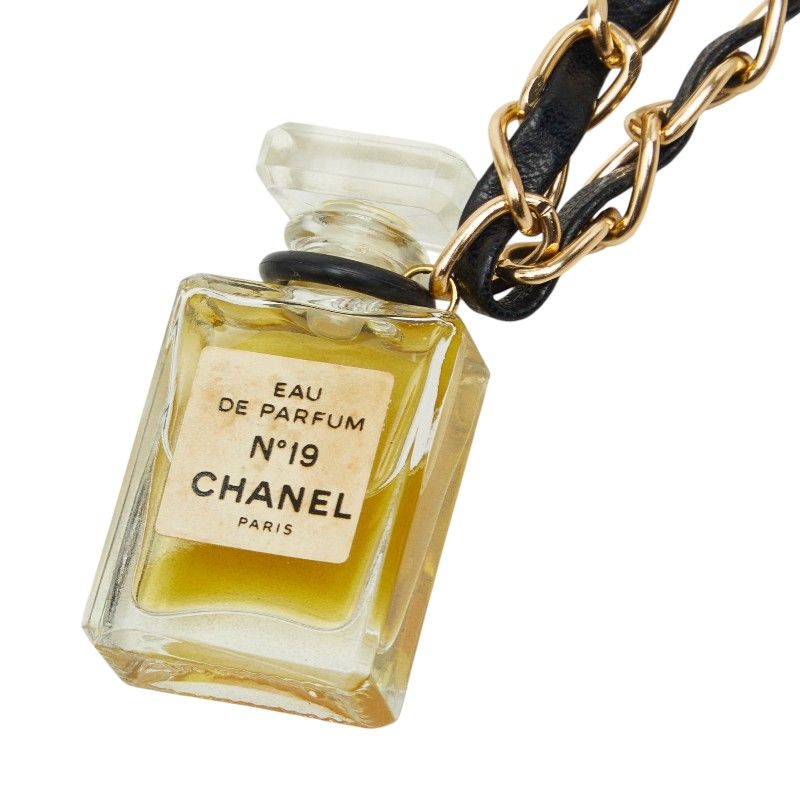 Chanel Perfume Bottle Chain Pendant Black Gold Plastic Plated Leather