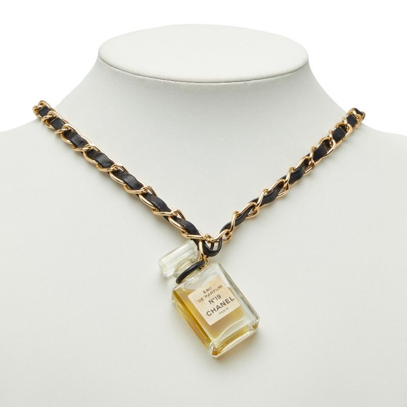Chanel Perfume Bottle Chain Pendant Black Gold Plastic Plated Leather — view 6