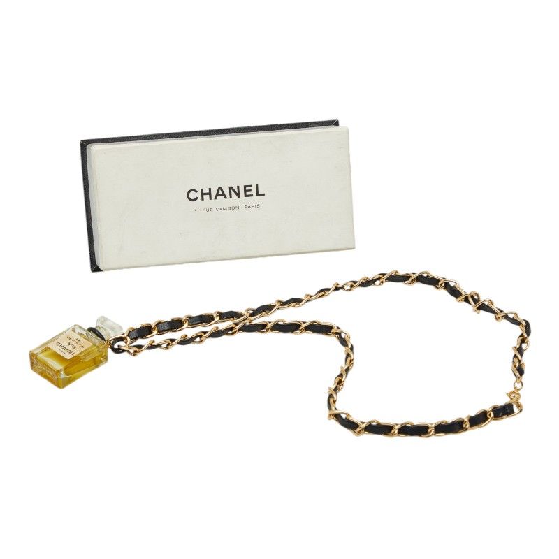 Chanel Perfume Bottle Chain Pendant Black Gold Plastic Plated Leather — view 7