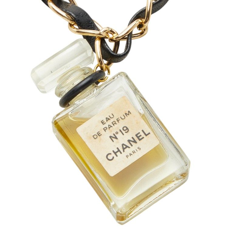 Chanel Perfume Bottle Chain Pendant Black Gold Plastic Plated Leather — view 3