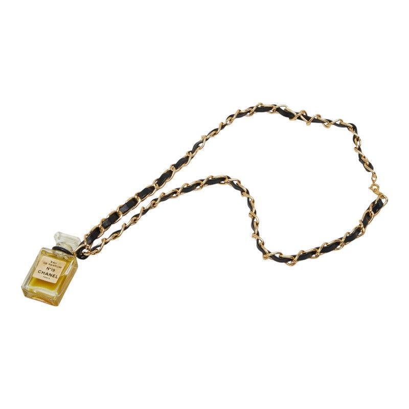 Chanel Perfume Bottle Chain Pendant Black Gold Plastic Plated Leather — view 2