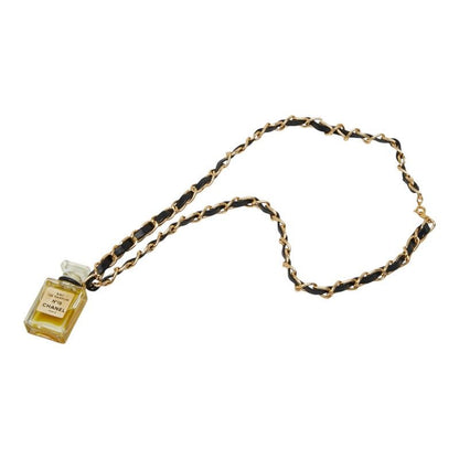 Chanel Perfume Bottle Chain Pendant Black Gold Plastic Plated Leather — view 2