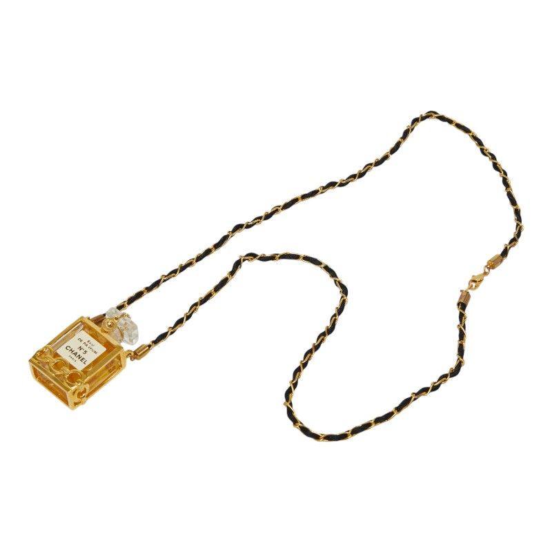 Chanel Perfume Bottle Chain Pendant Black Gold Plastic Plated — view 2