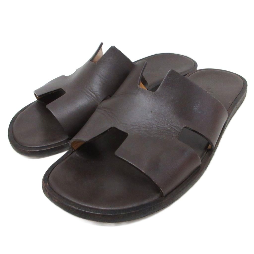 Hermes Izmir Logo Leather Sandals Flat Shoes 41 Dark Brown