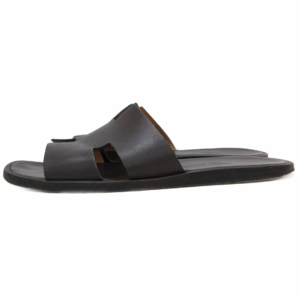 Hermes Izmir Logo Leather Sandals Flat Shoes 41 Dark Brown — view 2