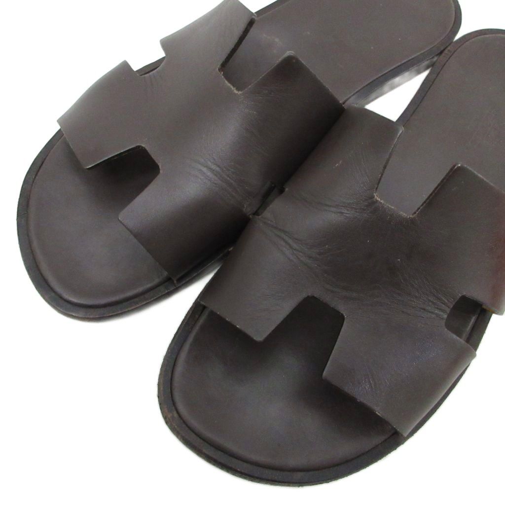 Hermes Izmir Logo Leather Sandals Flat Shoes 41 Dark Brown — view 5