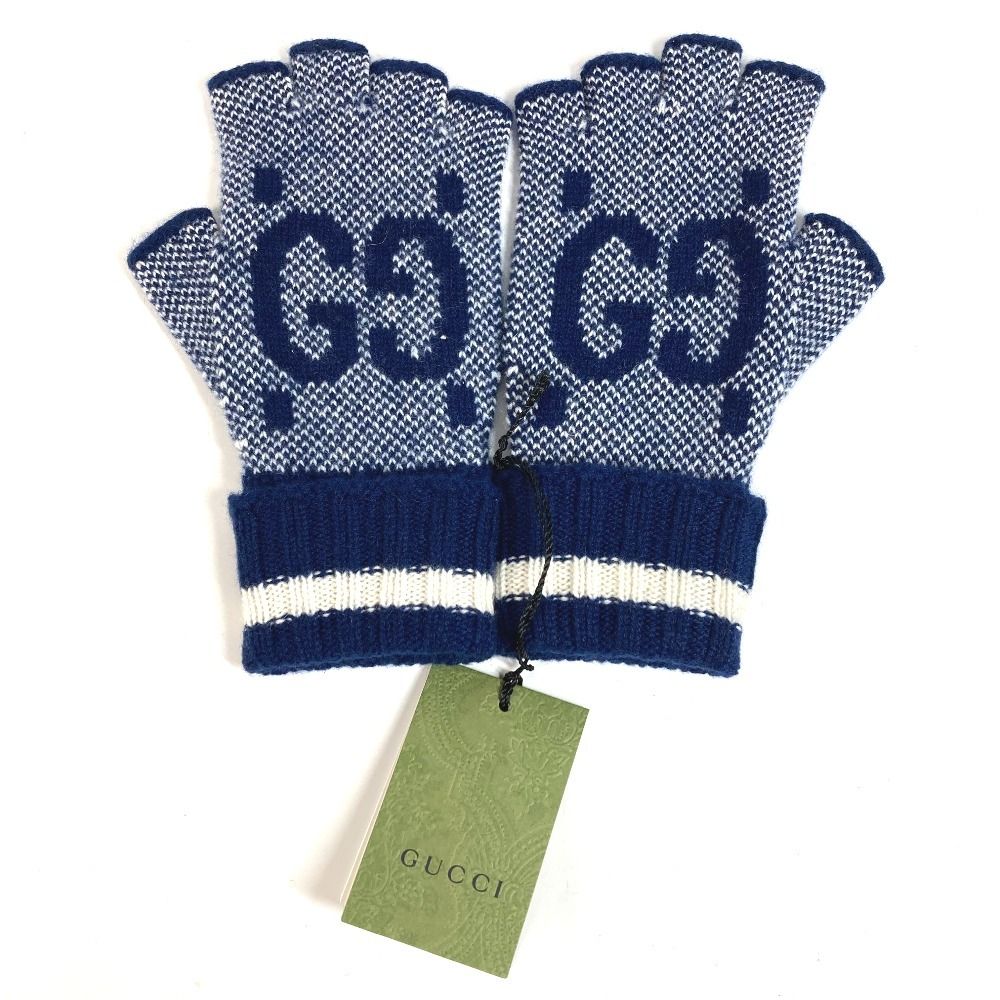 Gucci Gloves Logo GG Fingerless Cashmere Navy