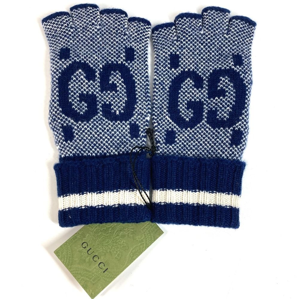 Gucci Gloves Logo GG Fingerless Cashmere Navy