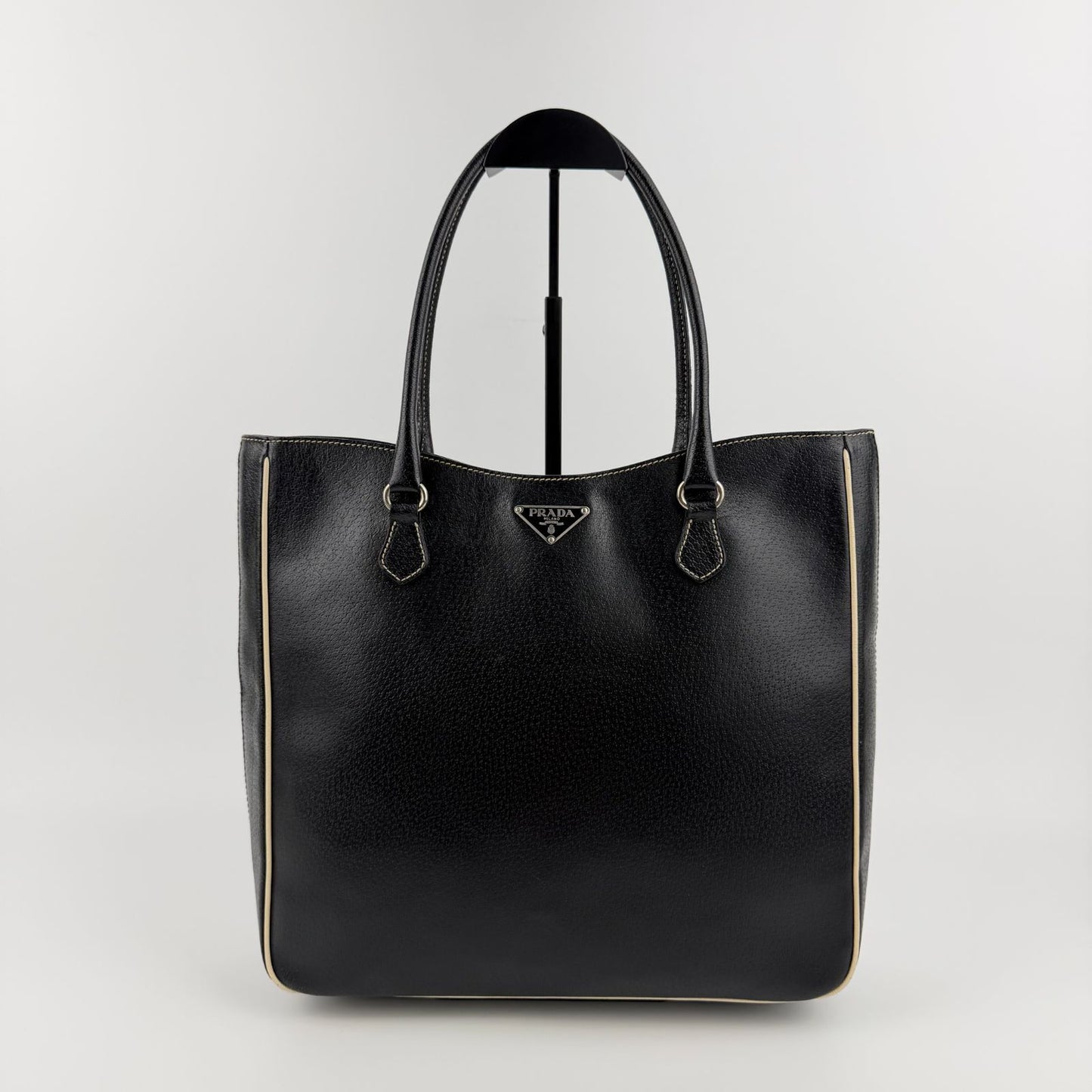 Prada Triangle Logo Tote Black Leather Vintage