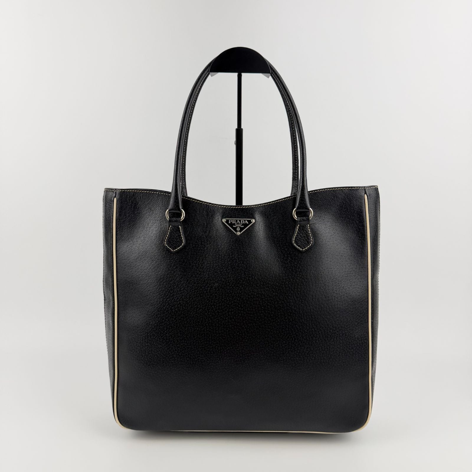 Prada Triangle Logo Tote Black Leather Vintage