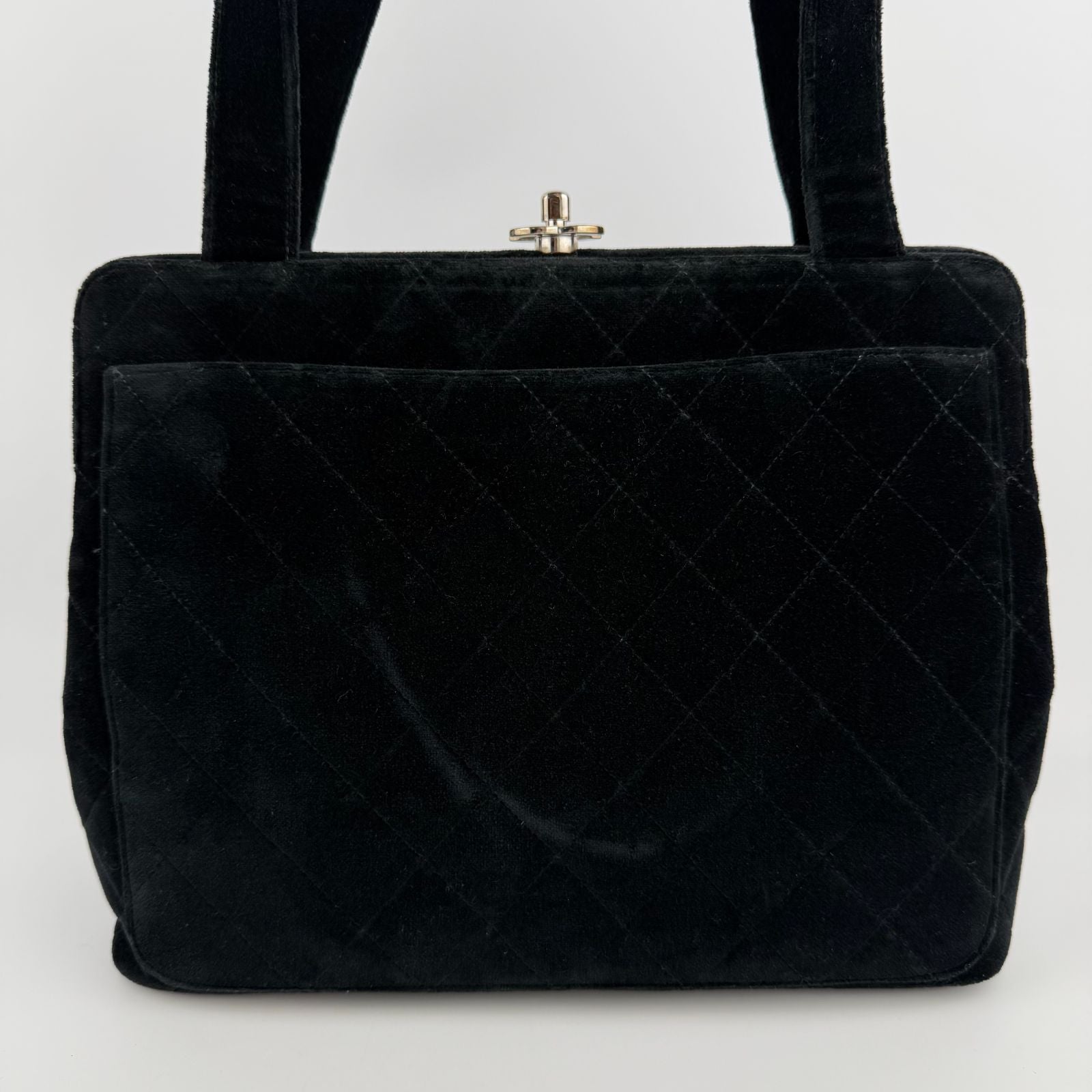 Chanel CC Logo Quilted Tote Shoulder Black Velour Vintage — view 3