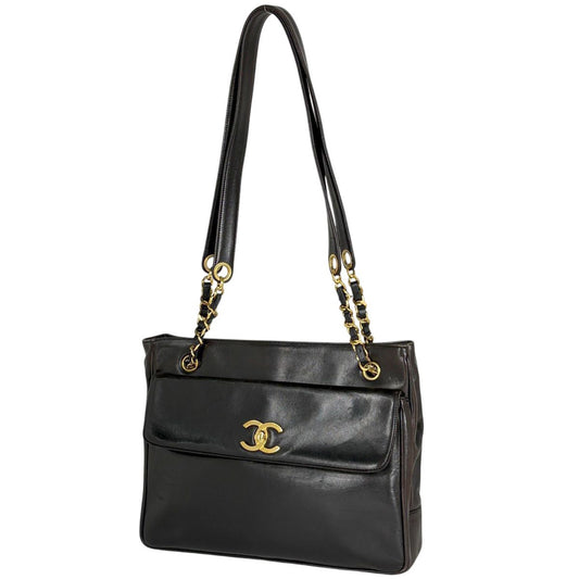 Chanel CC Logo Chain Tote Shoulder Bag Leather Black