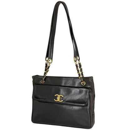 Chanel CC Logo Chain Tote Shoulder Bag Leather Black