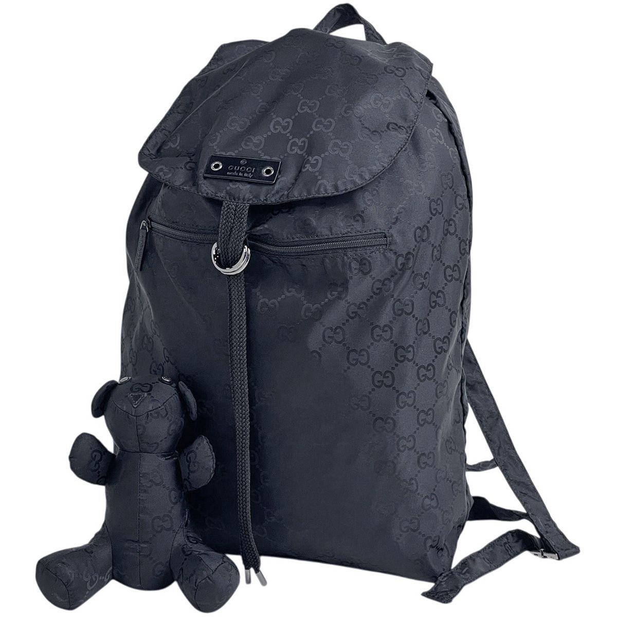 Gucci GG Pattern Backpack Bear Charm Nylon Black