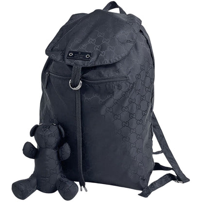 Gucci GG Pattern Backpack Bear Charm Nylon Black