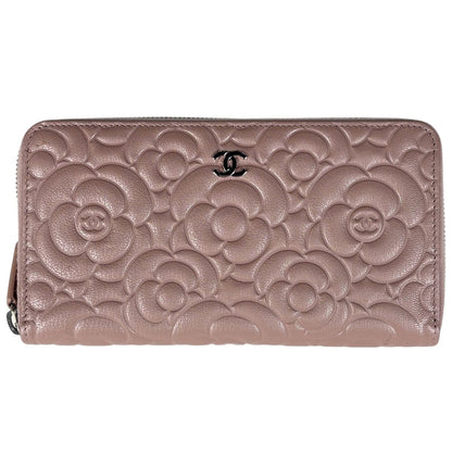 Chanel Camellia Zip Around Wallet CC Logo Leather Pink