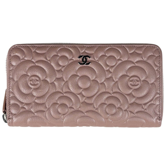 Chanel Camellia Zip Around Wallet CC Logo Leather Pink