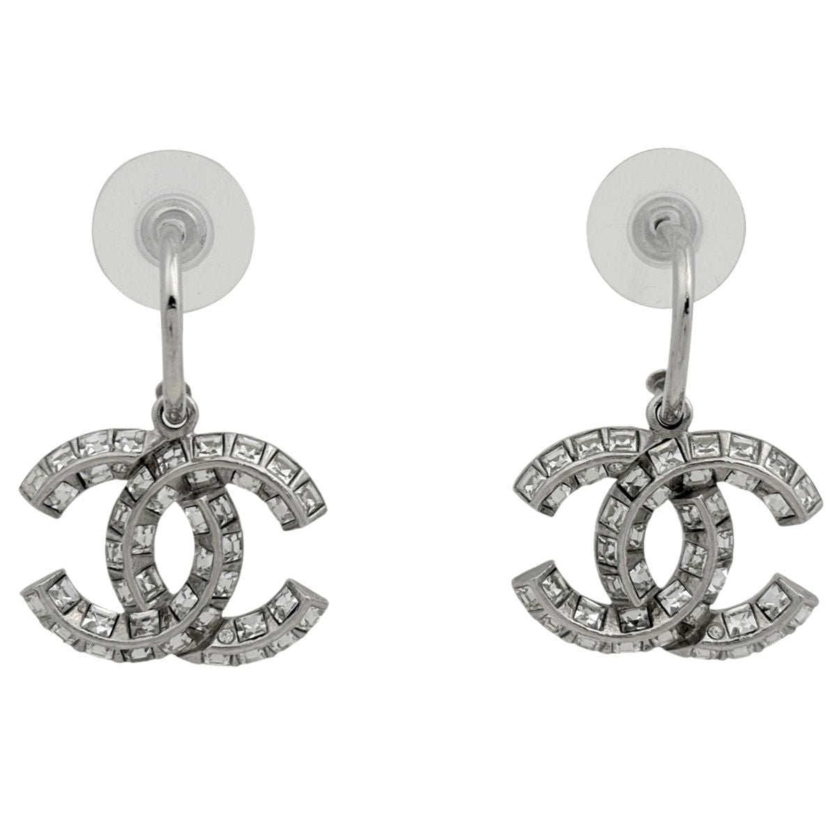 Chanel CC Logo Rhinestone Earrings Silver Plated