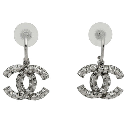 Chanel CC Logo Rhinestone Earrings Silver Plated