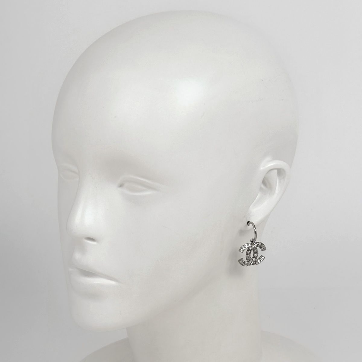 Chanel CC Logo Rhinestone Earrings Silver Plated — view 6