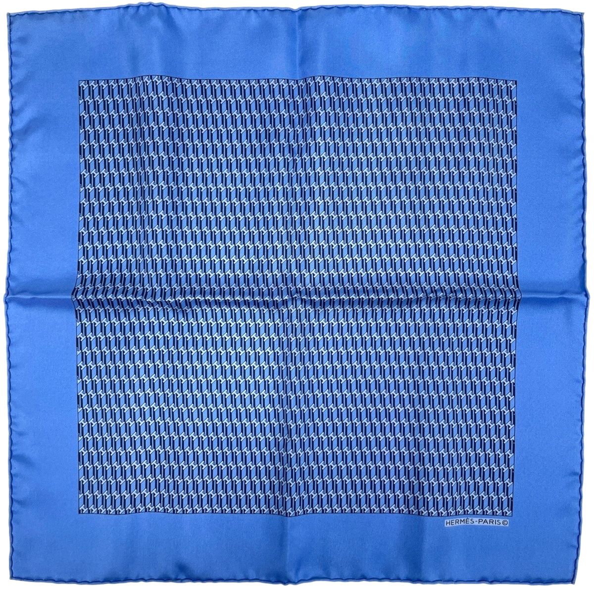 Hermes Pattern Handkerchief Pocket Square Petit Carre Scarf Silk Blue