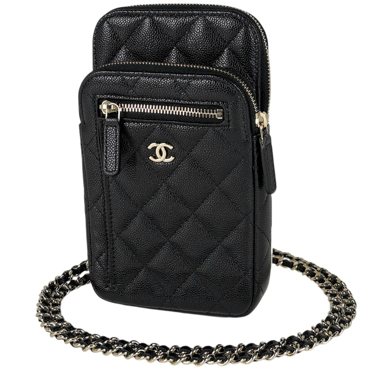 Chanel CC Logo Chain Shoulder Bag Quilted Phone Case Caviar Leather Black