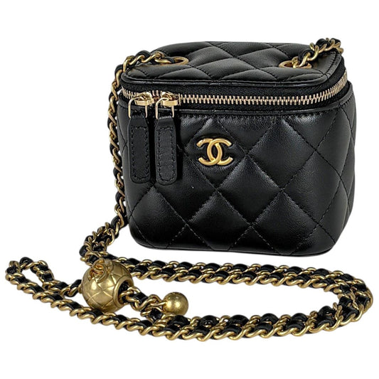 Chanel CC Logo Chain Shoulder Bag Quilted Vanity Leather Black