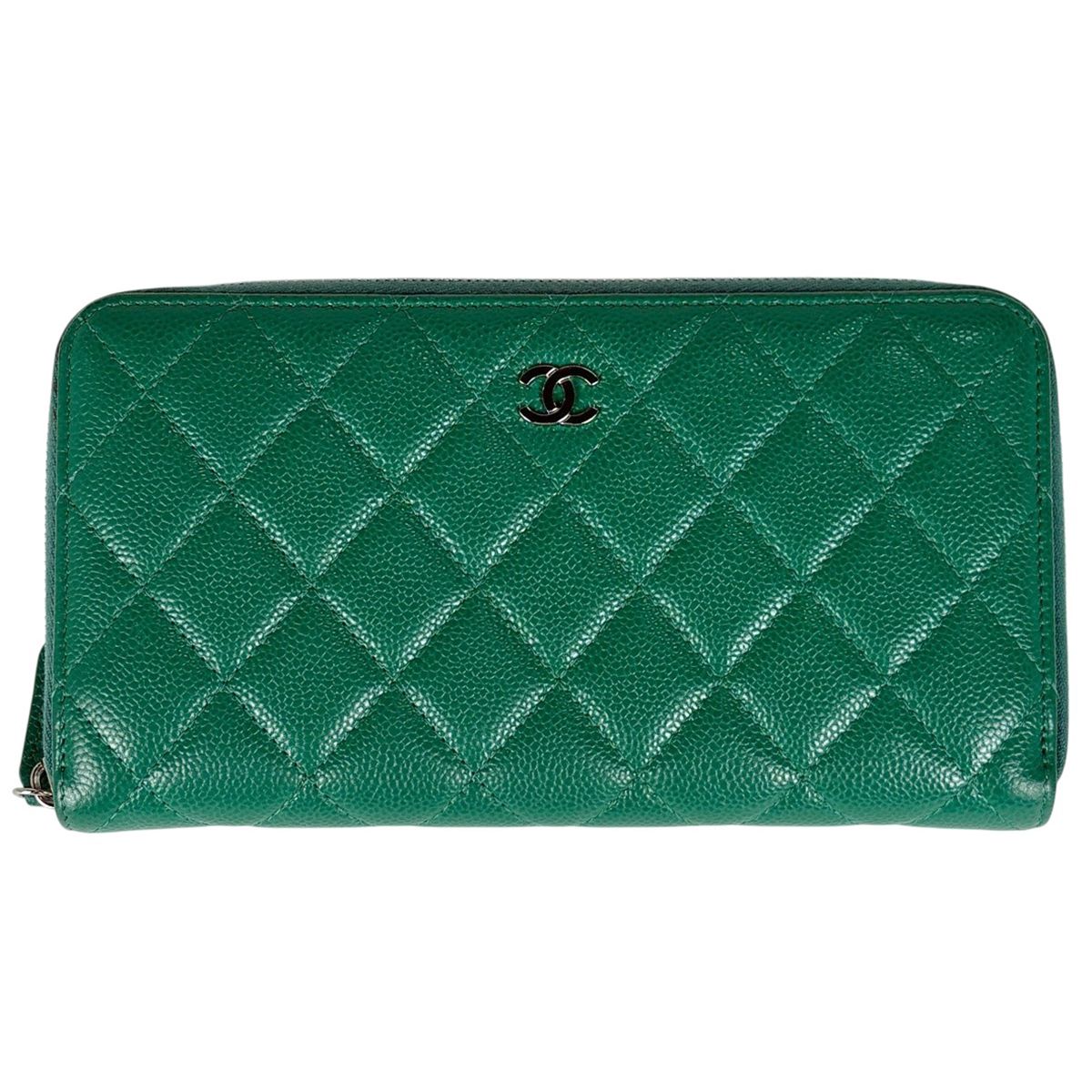 Chanel CC Logo Zip Around Wallet CC Round Zip Quilted Caviar Leather Green