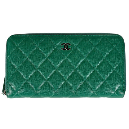 Chanel CC Logo Zip Around Wallet CC Round Zip Quilted Caviar Leather Green