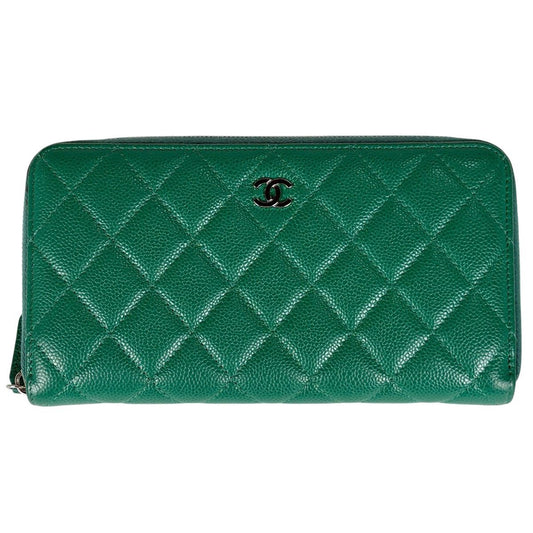 Chanel CC Logo Zip Around Wallet CC Round Zip Quilted Caviar Leather Green